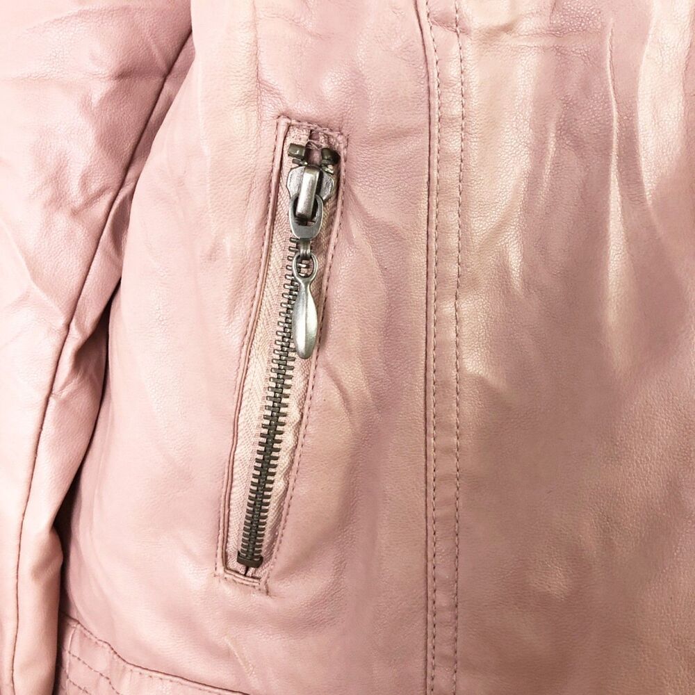 Heart Soul Dusty Mauve Moto Jacket (L) Pink Vegan Leather Ruffle Trim Biker Coat - Picture 5 of 13
